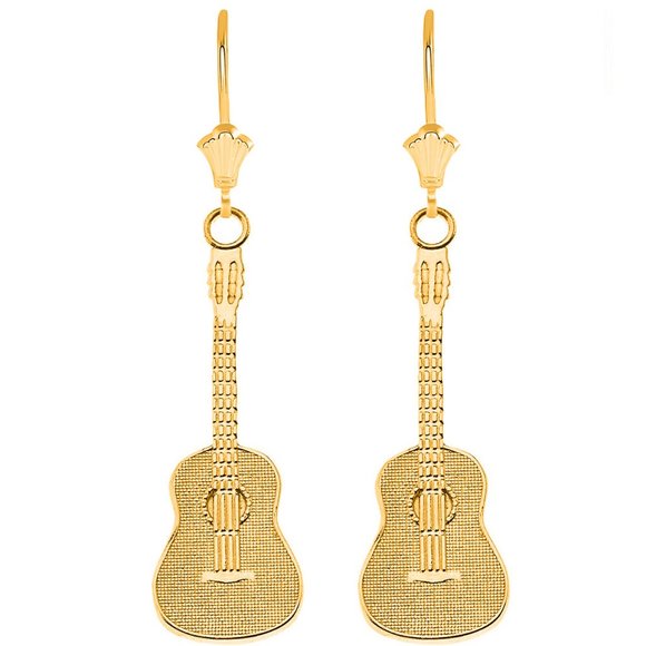 14K Solid Gold Musical Acoustic Band Guitar Leverback Earrings